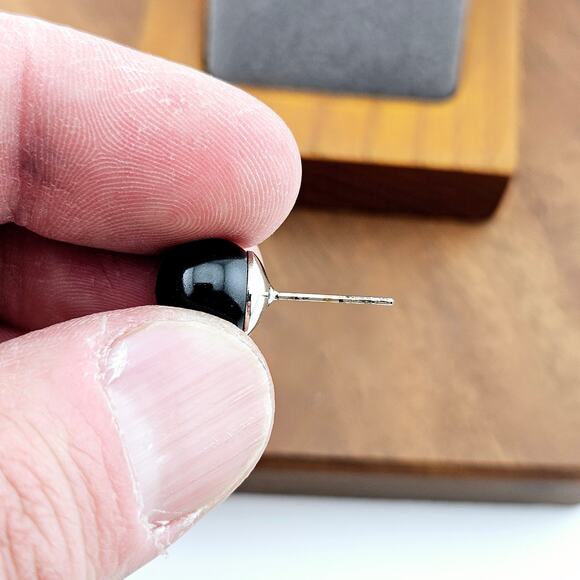 Glossy Black Round Post Earrings Silver Tone Back Stud Contemporary Minimalist - Picture 3 of 5